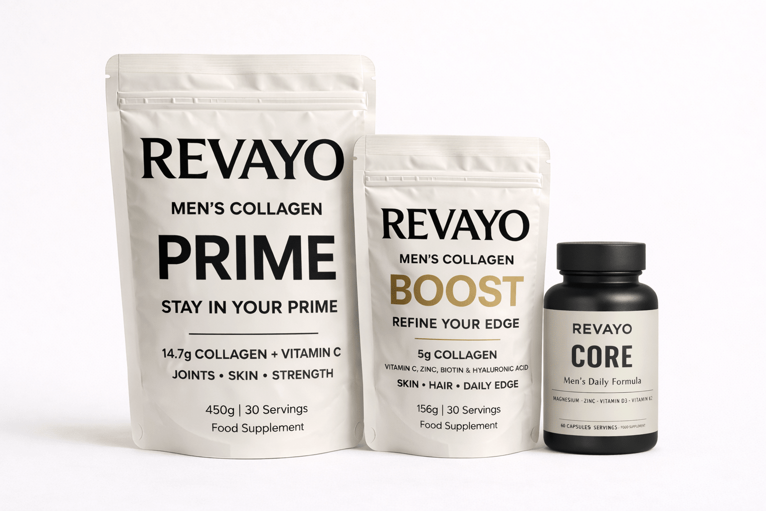Revayo Complete Stack – Prime & Boost & Core Bundle | Men’s Collagen Supplement UK – Revayo