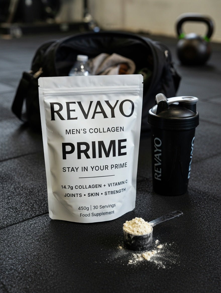 Revayo Prime men's collagen pouch with scoop and shaker